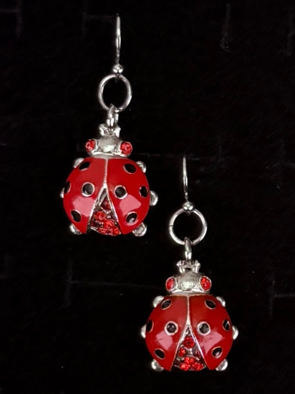 Vintage Red Ladybug Drop Earrings Enamel Rhinestone Silver Tone
